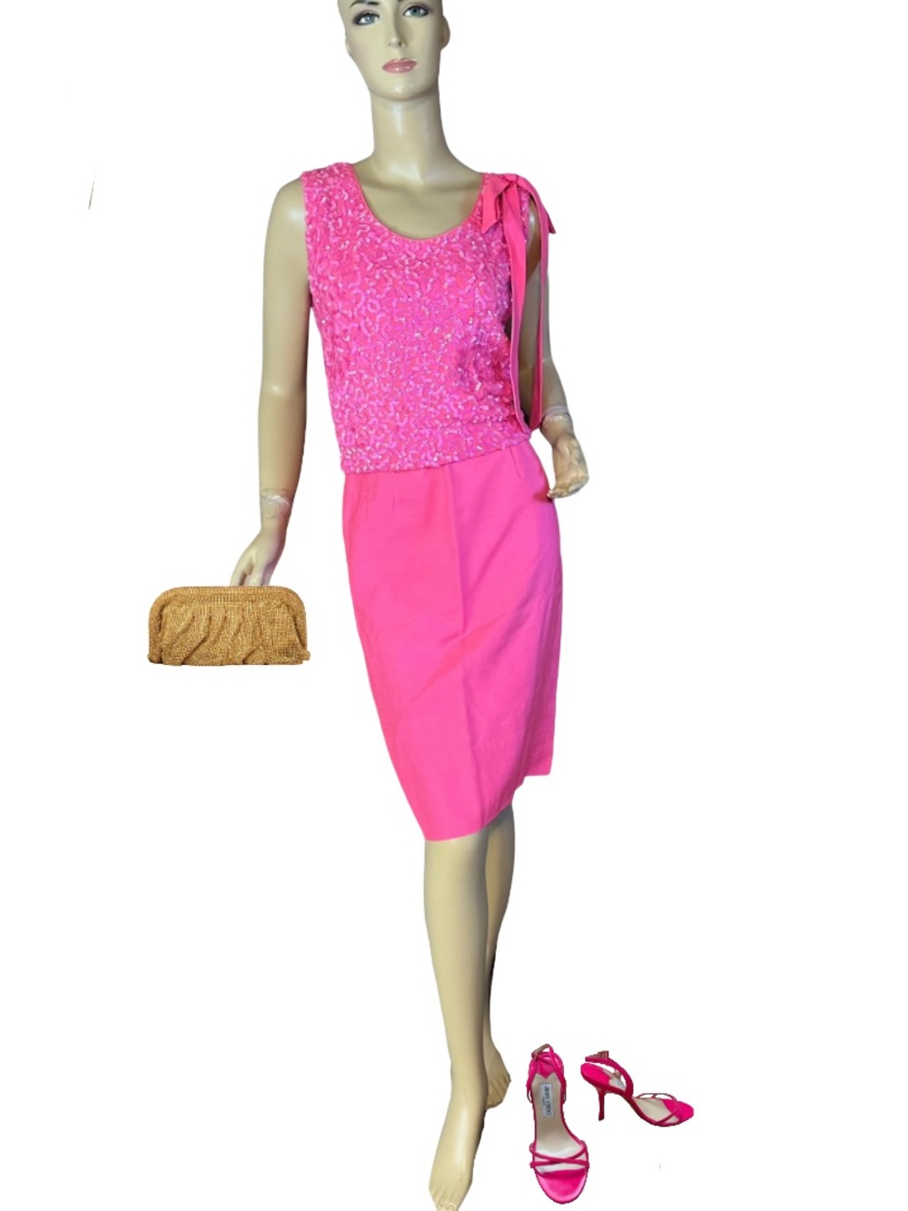 VINTAGE 1960'S ARBE HOT PINK SEQUIN KNIT BLOUSE & SKIRT SET (M)